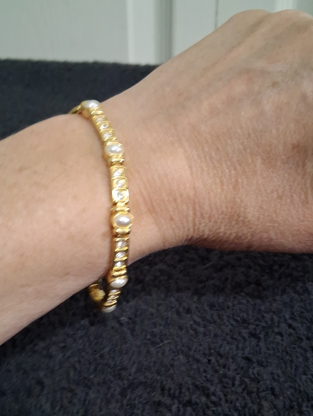 Vintage Yellow Gold, Pearl, Rhinestone Link Tennis Bracelet - 7½" + Extenders